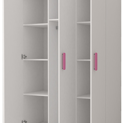 Háromajtós szürke-fehér SVEN 2 gyerekszobába való ruhásszekrény, fogantyúkkal - szélesség 120 cm, piros