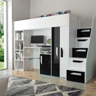 Klára emeletes ágy íróasztallal - fehér/fekete