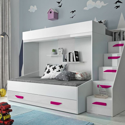 Derry emeletes ágy gyerekeknek, tárolóval - fehér/rózsaszín fogantyúk