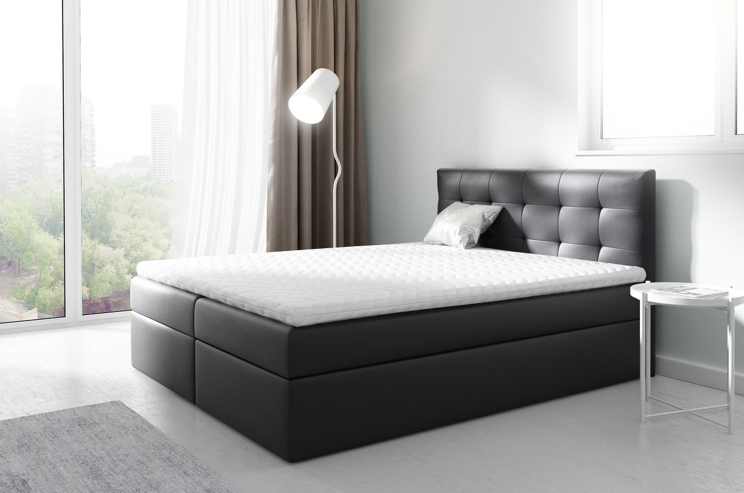 IVANA 2 kárpitozott boxspring ágy 180x200 - fekete ökobőr + INGYENES topper