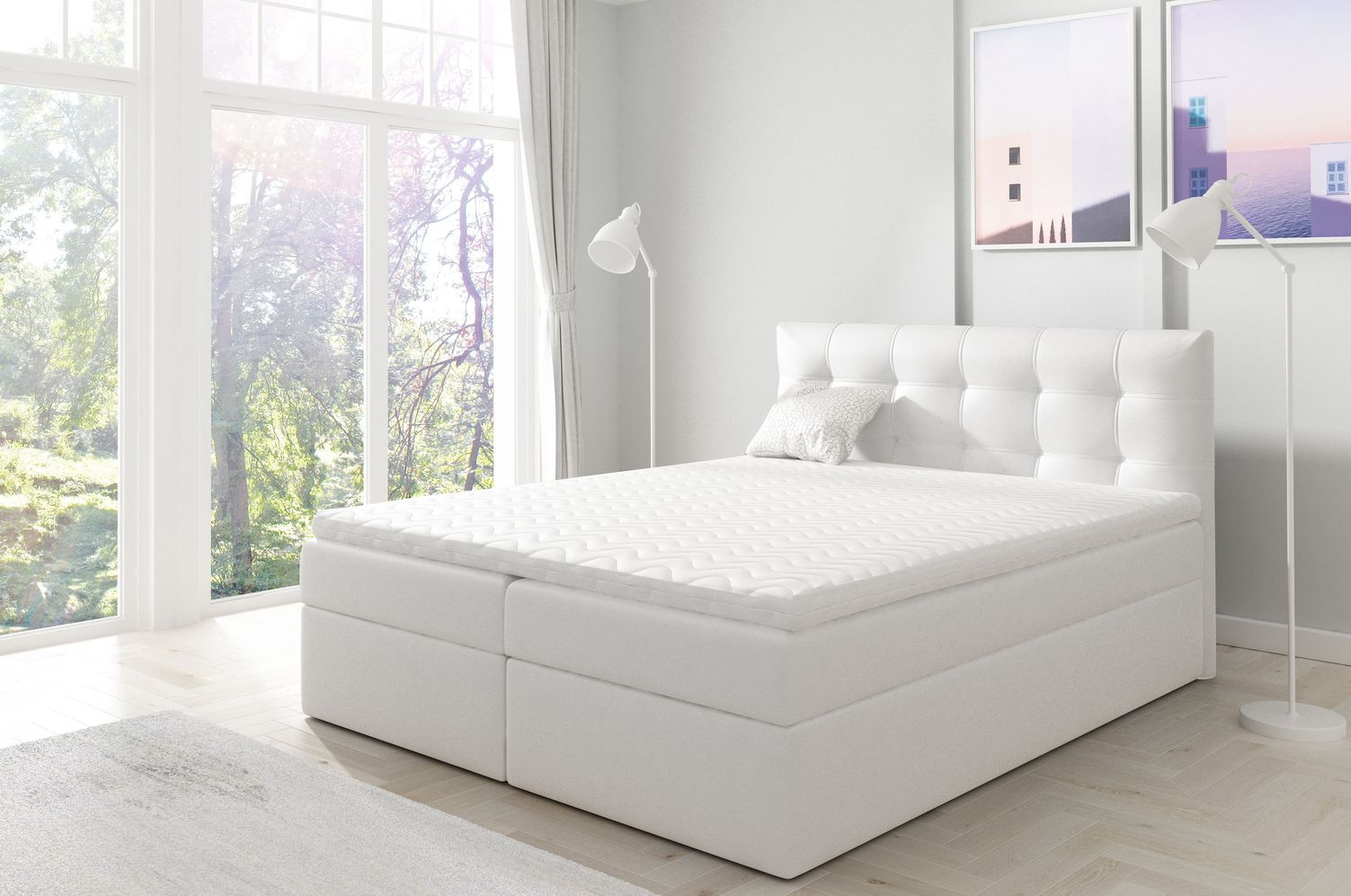 IVANA 1 kárpitozott boxspring ágy 160x200 - fehér ökobőr + INGYENES topper