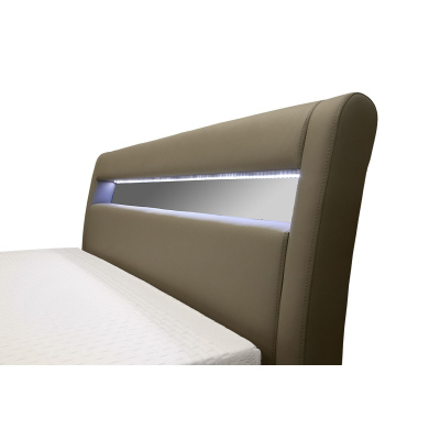 LEXI kárpitozott ágy tárolóval és világítással, szürke ökobőr, 180x200