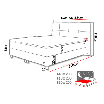 CAMRIN boxspring ágy 140x200 - szürke + INGYENES topper