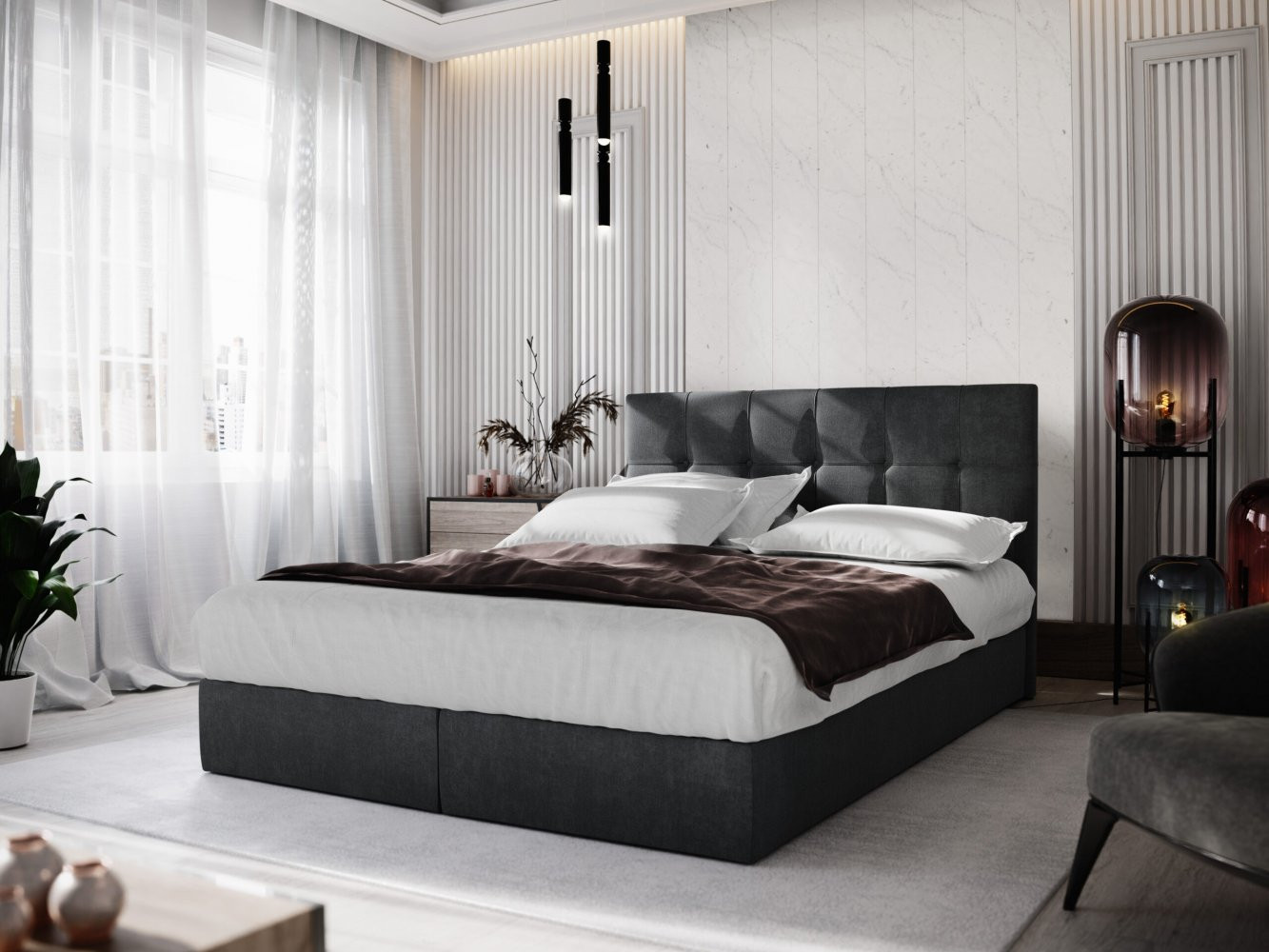 PURAM kárpitozott boxspring ágy 160x200 PURAM - fekete