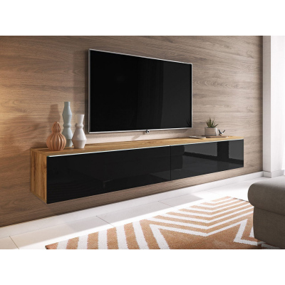 WILLA D TV-szekrény LED-világítással 180 cm - wotan tölgy / fényes fekete