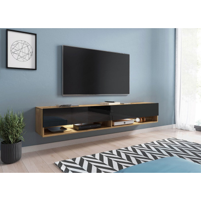 WILLA A TV-asztal 180 cm LED RGB világítással - wotan tölgy / fényes fekete