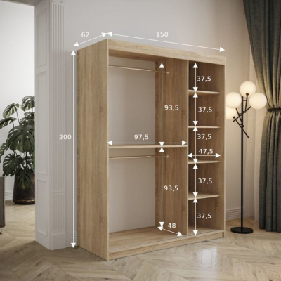 Tolóajtós ruhásszekrény 150 cm TALIA - fehér / fekete