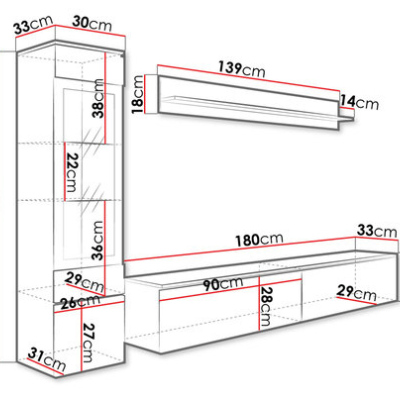 WANDA 1 nappali szekrénysor LED-világítással - fehér / beton