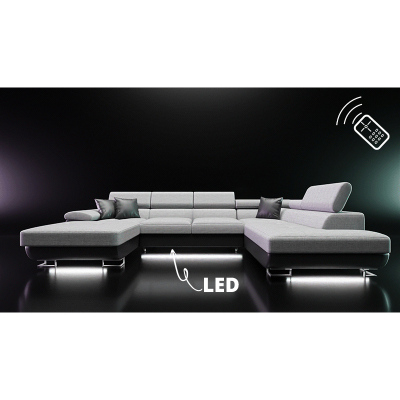 SAN DIEGO U-alakú kinyitható ülőgarnitúra LED háttérvilágítással - fekete ökobőr / szürke, bal sarok