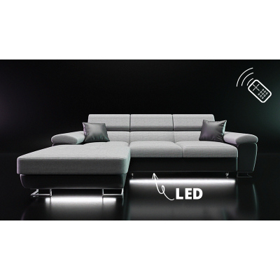 SAN DIEGO MINI kinyitható kanapé tárolóhellyel és LED háttérvilágítással - fehér ökobőr / szürke, jobb sarok