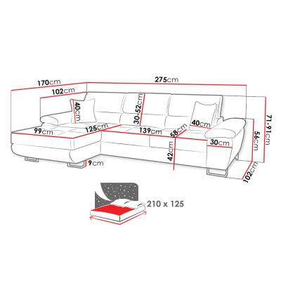 SAN DIEGO MINI kinyitható kanapé tárolóhellyel és LED háttérvilágítással - fehér ökobőr / szürke 2, jobb sarok