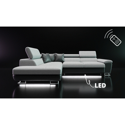 SAN DIEGO kinyitható kanapé tárolóhellyel és LED kivilágítással - szürke, jobb sarok