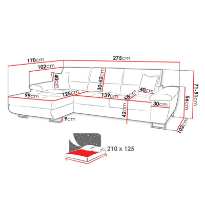 SAN DIEGO MINI kinyitható kanapé tárolóhellyel - fehér ökobőr / szürke, jobb sarok