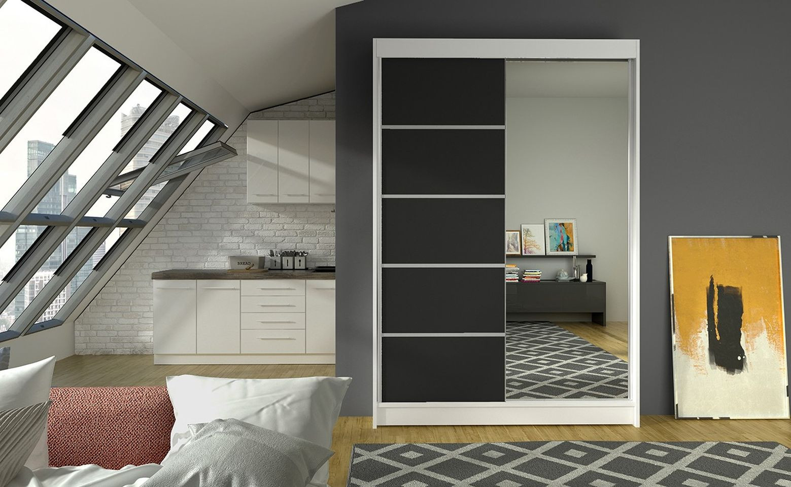 LINH 3 modern gardróbszekrény - 120 cm széles, fehér / fekete