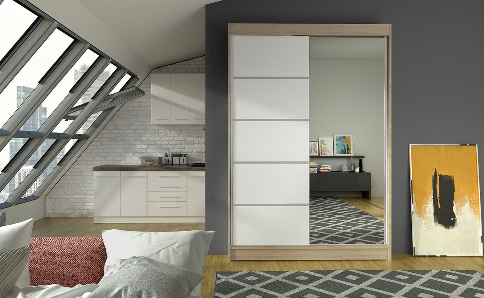 LINH 3 modern gardróbszekrény - 120 cm széles, sonoma / fehér
