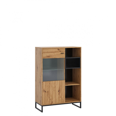 Alacsony vitrin LED világítással BEND 2 - fekete / artisan tölgy