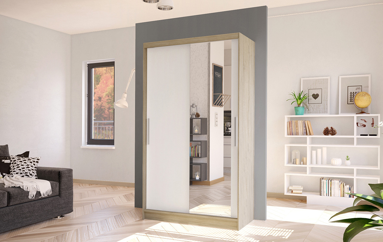 BRUNO 6 modern gardróbszekrény - 100 cm széles, sonoma tölgy / fehér