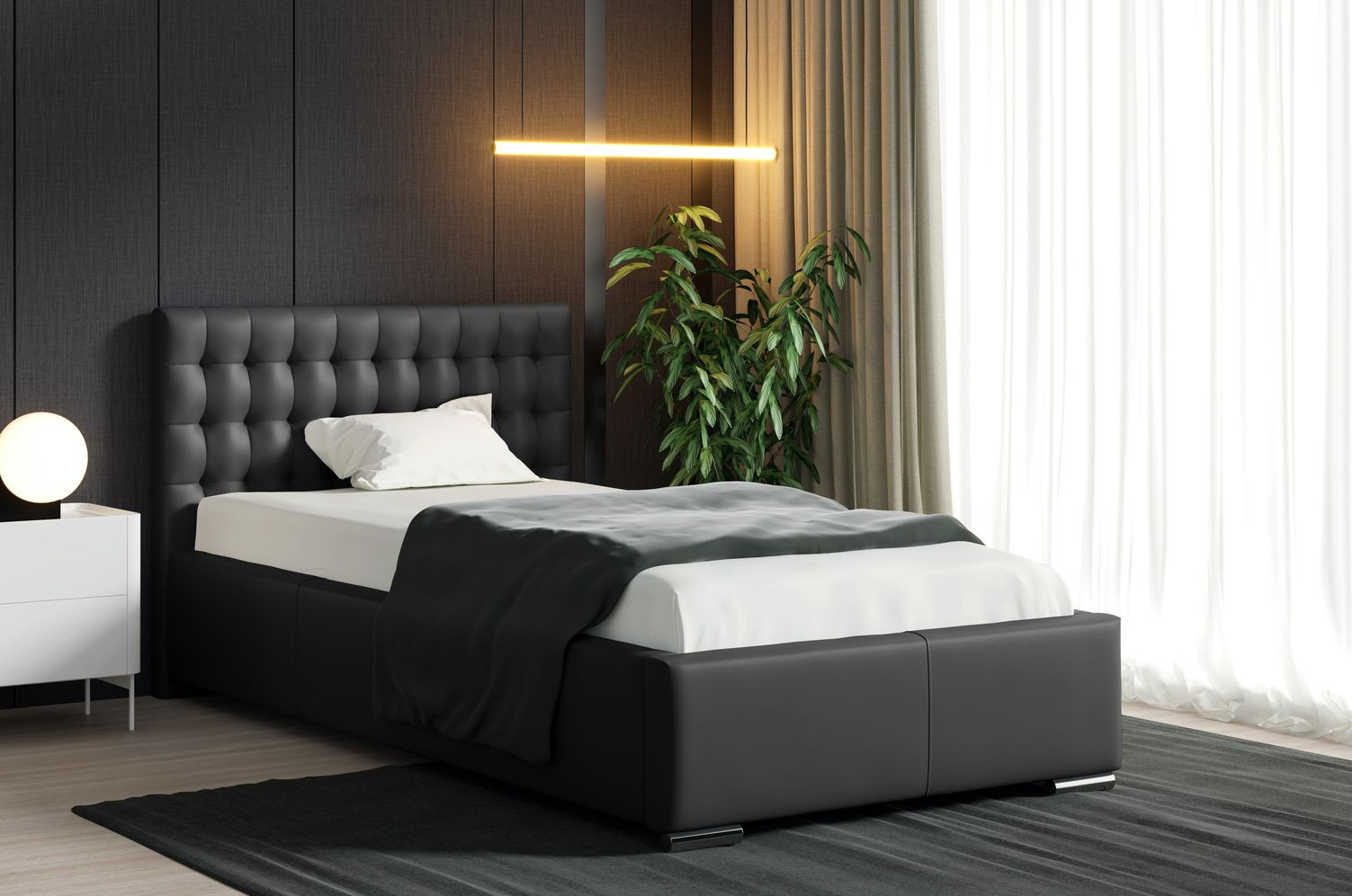 Natal Mini Elegáns kárpitozott ágy 90x200, fekete ökobőr