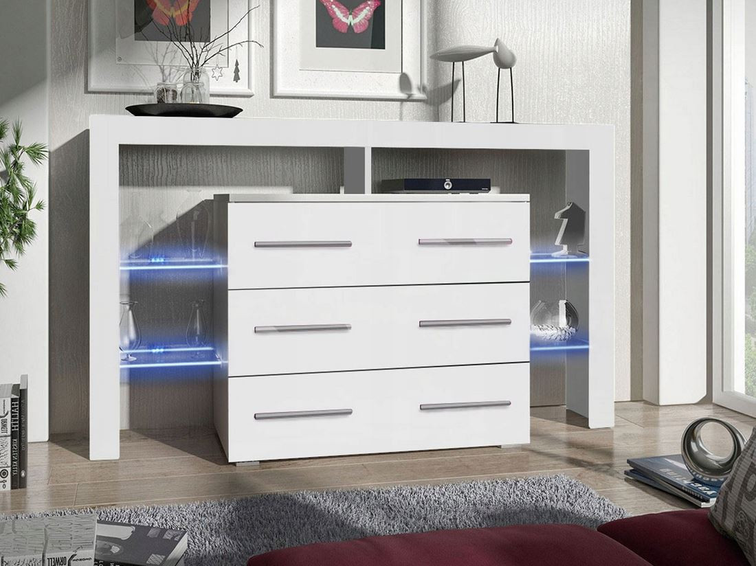 CLANE 2 fiókos komód LED világítással - fehér / csillogó fehér