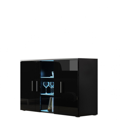 KARA üveges komód kék LED világítással - fekete / csillogó fekete
