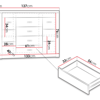 CHALAPATA fiókos szekrény LED világítással - szélesség 137 cm, sötét kőrisfa