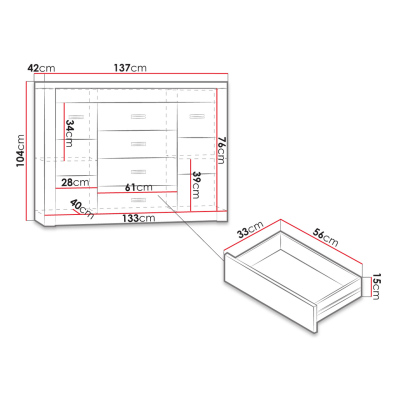 CHALAPATA fiókos szekrény LED világítással - szélesség 137 cm, fehér kraft tölgyfa