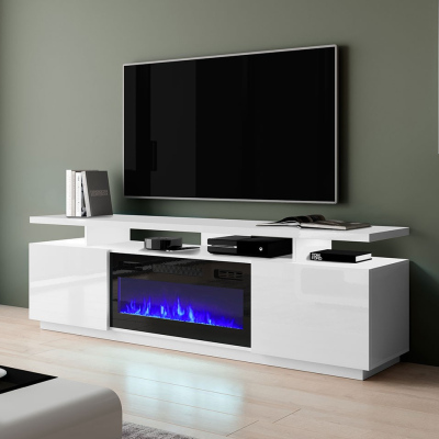 TV asztal kandallóval SALTA - fehér / fényes fehér / fekete