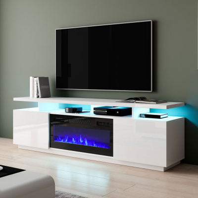 SALTA TV asztal kandallóval és LED világítással - fehér / fényes fehér / fekete