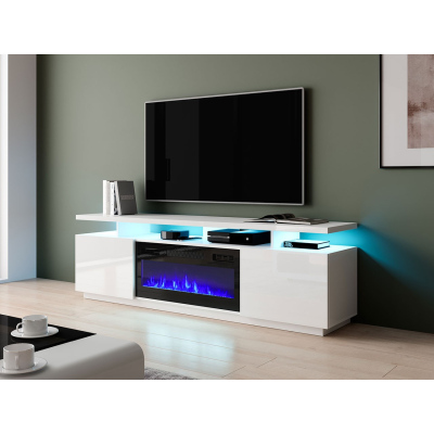 SALTA TV asztal kandallóval és LED világítással - fehér / fényes fehér / fekete