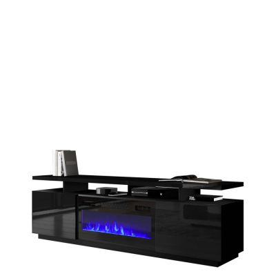 TV asztal kandallóval és LED világítással SALTA - grafit / fényes grafit / fekete