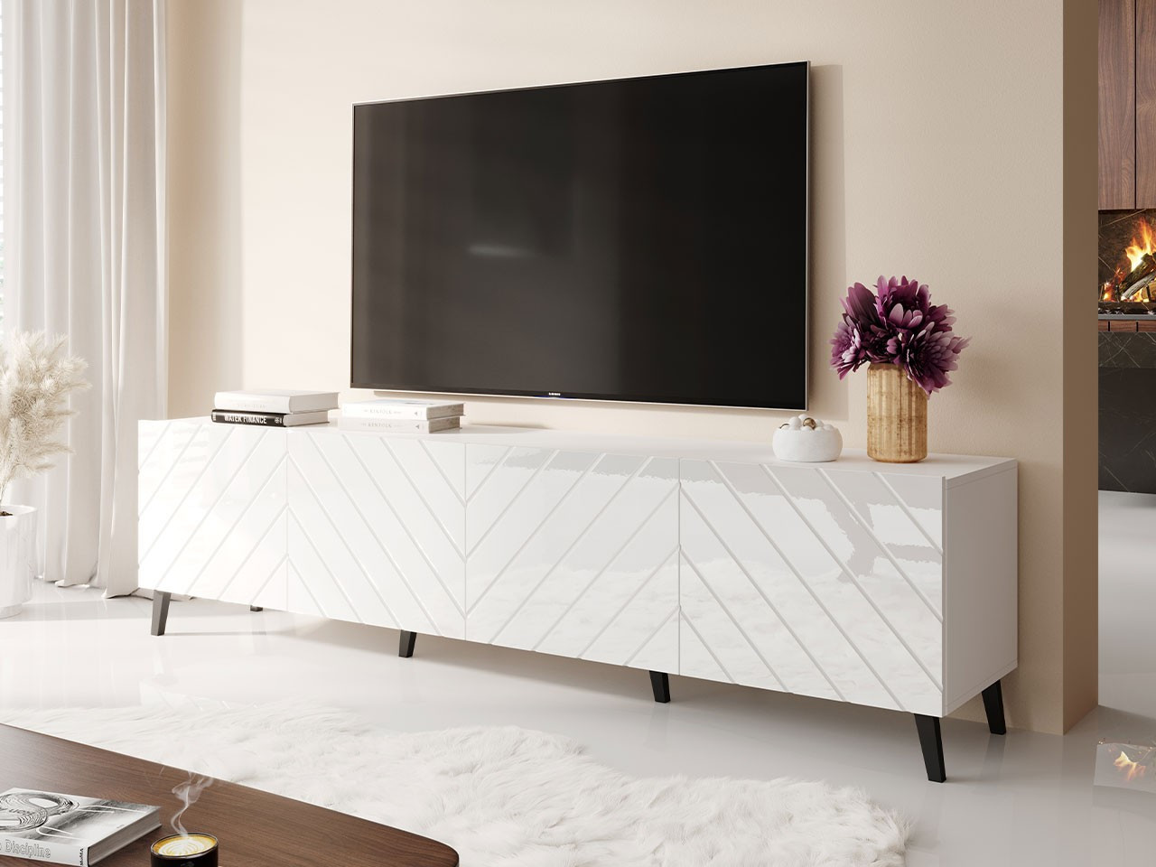 BERMEJO TV-asztal 200 cm - fehér / csillogó fehér