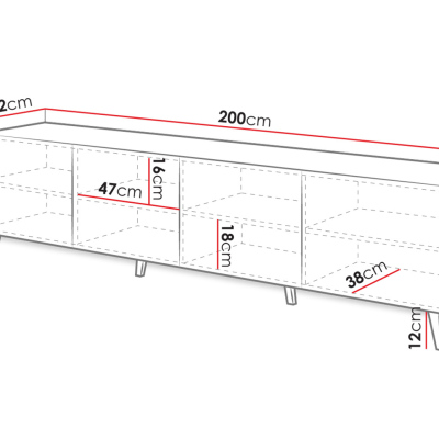 BERMEJO TV-asztal 200 cm - fehér / csillogó fehér