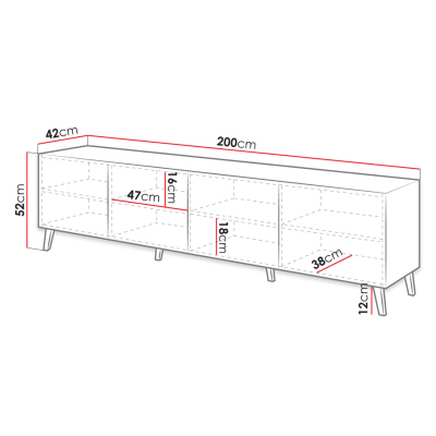 BERMEJO TV-asztal 200 cm - fehér / csillogó fehér