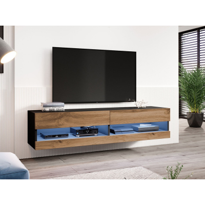 ASHTON 1 TV-asztal kék LED világítással 180 cm - fekete / wotan tölgy