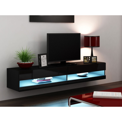 ASHTON 1 TV-asztal kék LED világítással 180 cm - fekete / fényes fekete