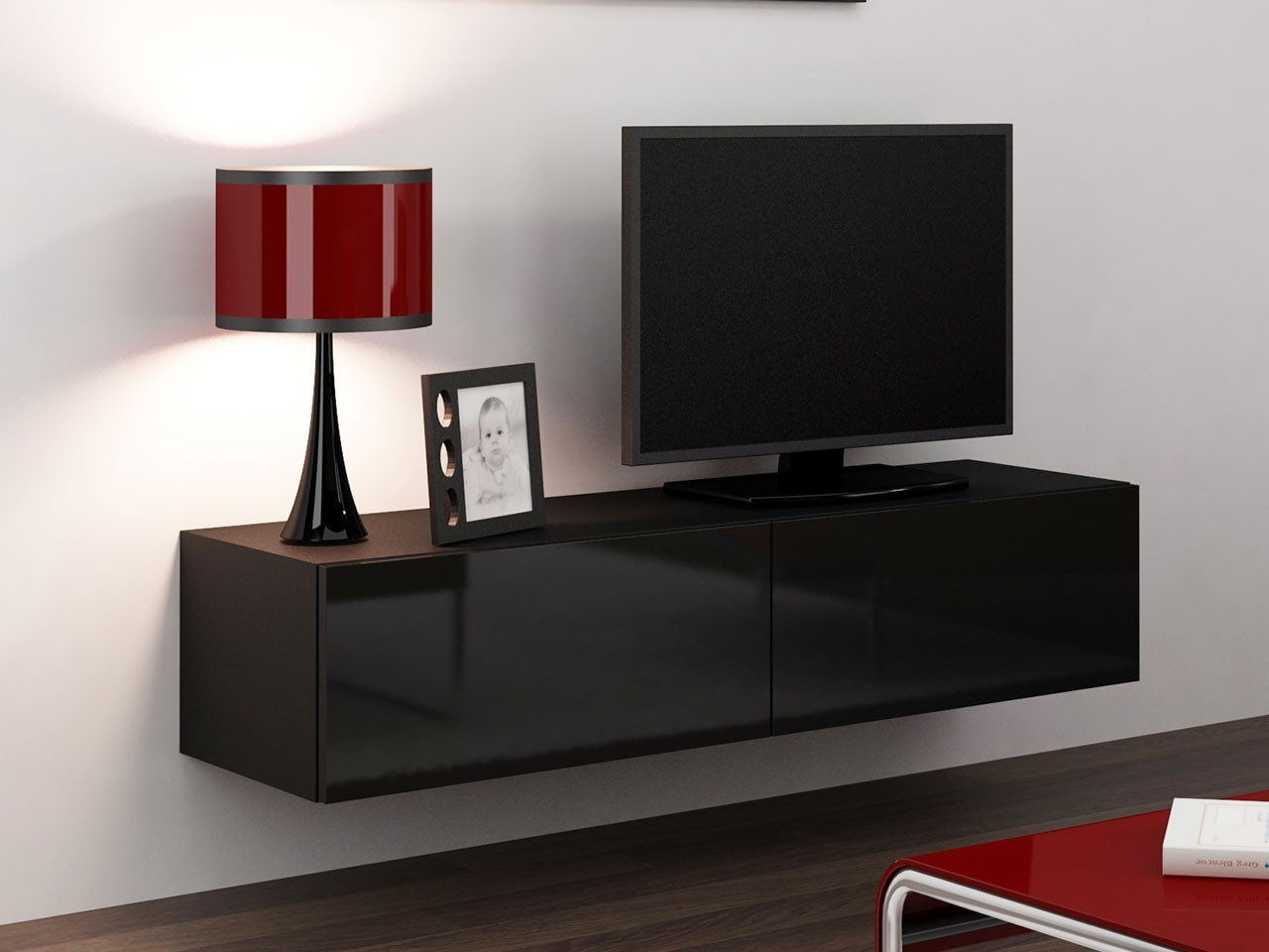 ASHTON TV-asztal 140 cm - fekete / fényes fekete