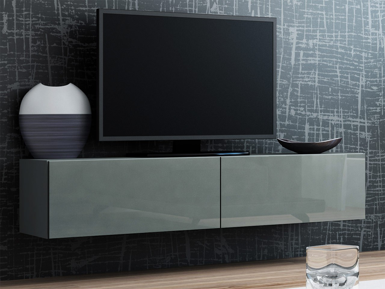 ASHTON TV asztal 140 cm - szürke / fényes szürke