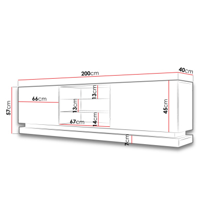 LIMA TV-asztal 200 cm - fehér / fényes fehér