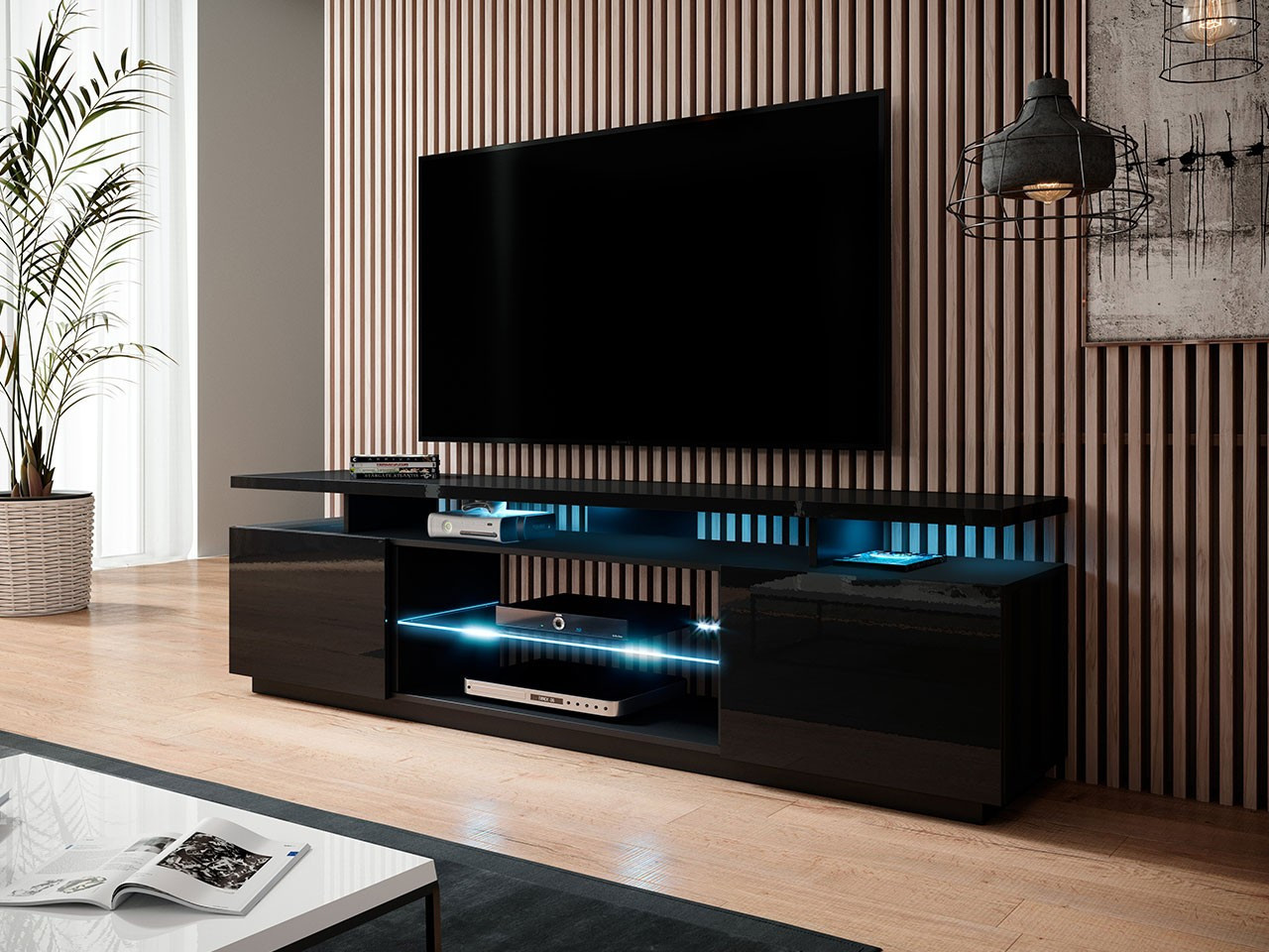 TV asztal fehér LED világítással SALTA - fekete / fényes fekete