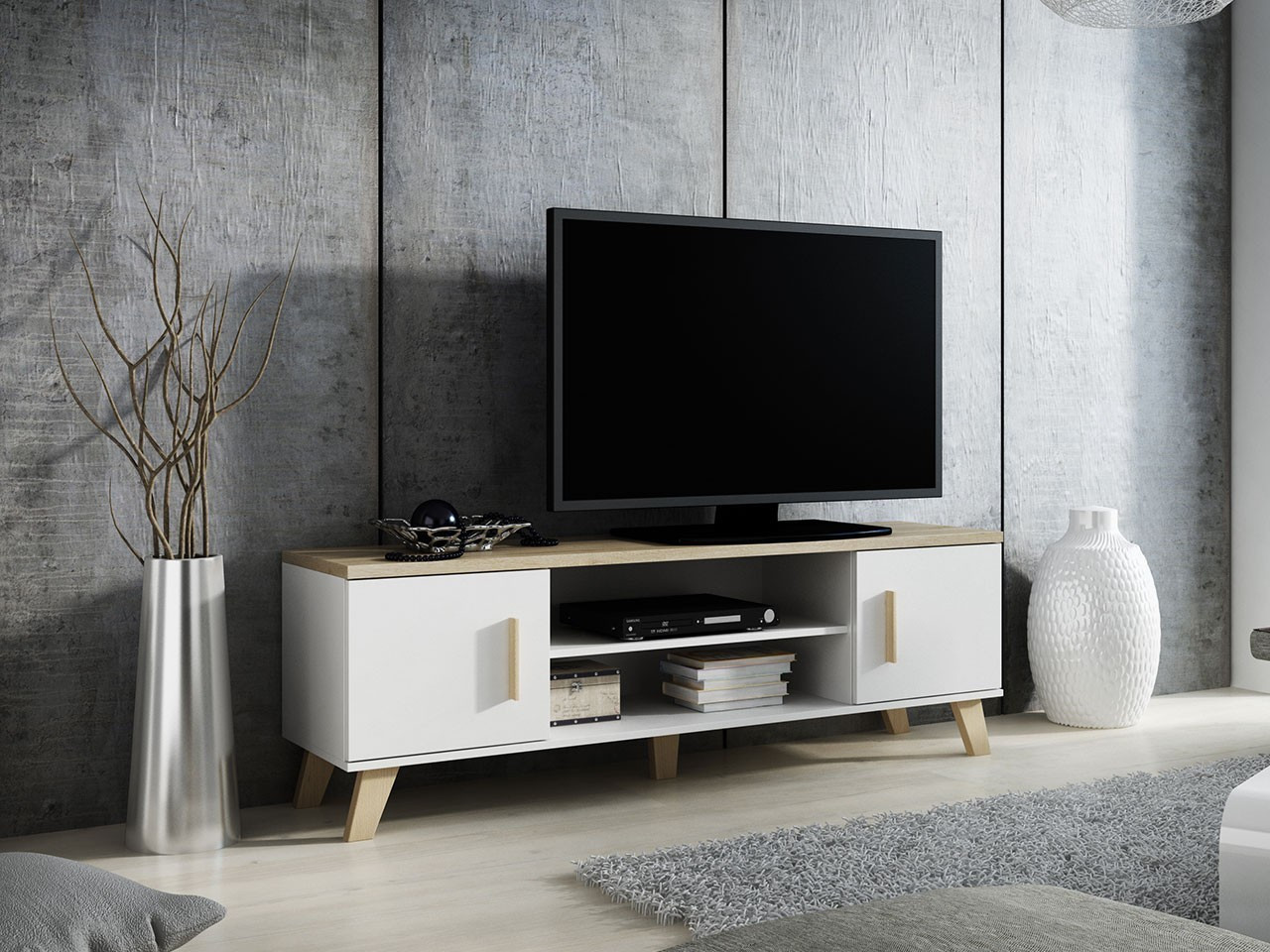 OLINA TV-asztal 160 cm - sonoma tölgy / fehér