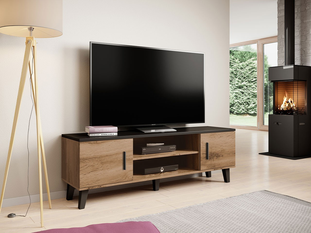TV asztal 160 cm OLINA - wotan tölgy / fekete
