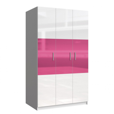 Gardróbszekrény 120 cm GORT - fehér / fényes fehér / fényes rózsaszín