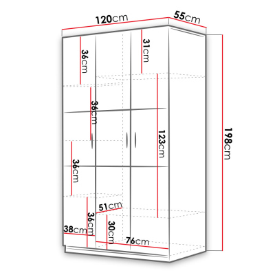 GORT gardróbszekrény 120 cm - fehér / csillogó fehér / csillogó szürke