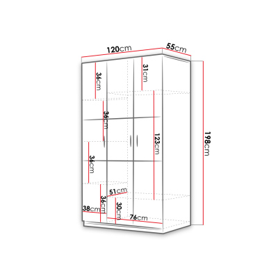 GORT gardróbszekrény 120 cm - fehér / csillogó fehér / csillogó szürke