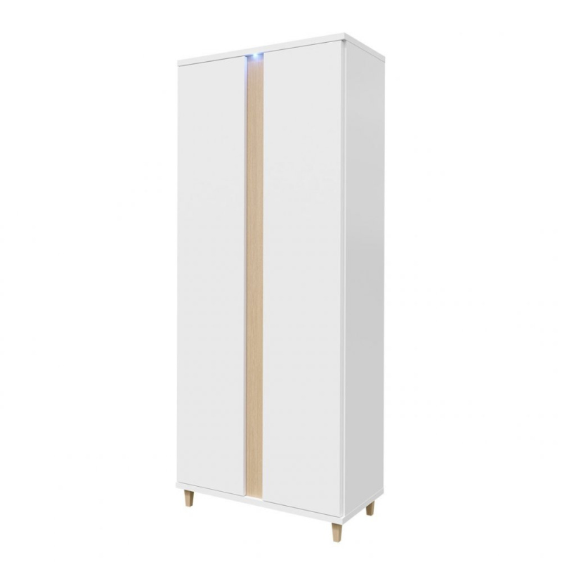 90 cm-es gardrób LED világítással BANTRY - fehér / fényes fehér / natúr furnér