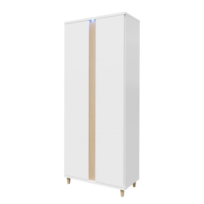 90 cm-es gardrób LED világítással BANTRY - fehér / fényes fehér / natúr furnér
