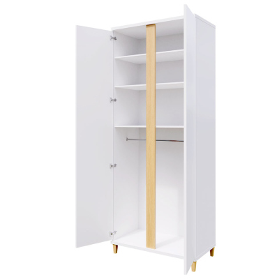 90 cm-es gardrób LED világítással BANTRY - fehér / fényes fehér / natúr furnér