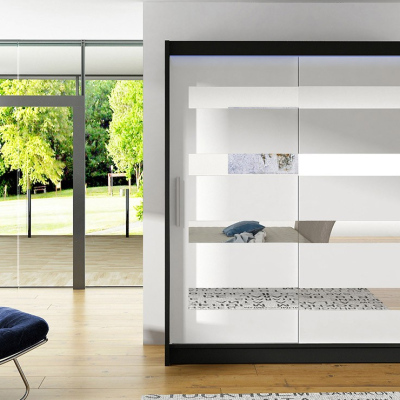 ELADIO 13 tükrös gardróbszekrény 150 cm LED világítással - fekete / fehér
