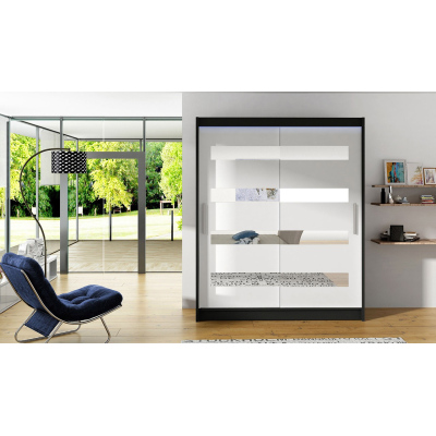 ELADIO 13 tükrös gardróbszekrény 150 cm LED világítással - fekete / fehér