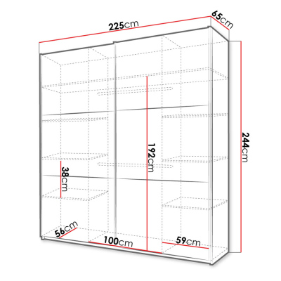 MATURIN gardróbszekrény tolóajtókkal és tükörrel 225 cm - fehér
